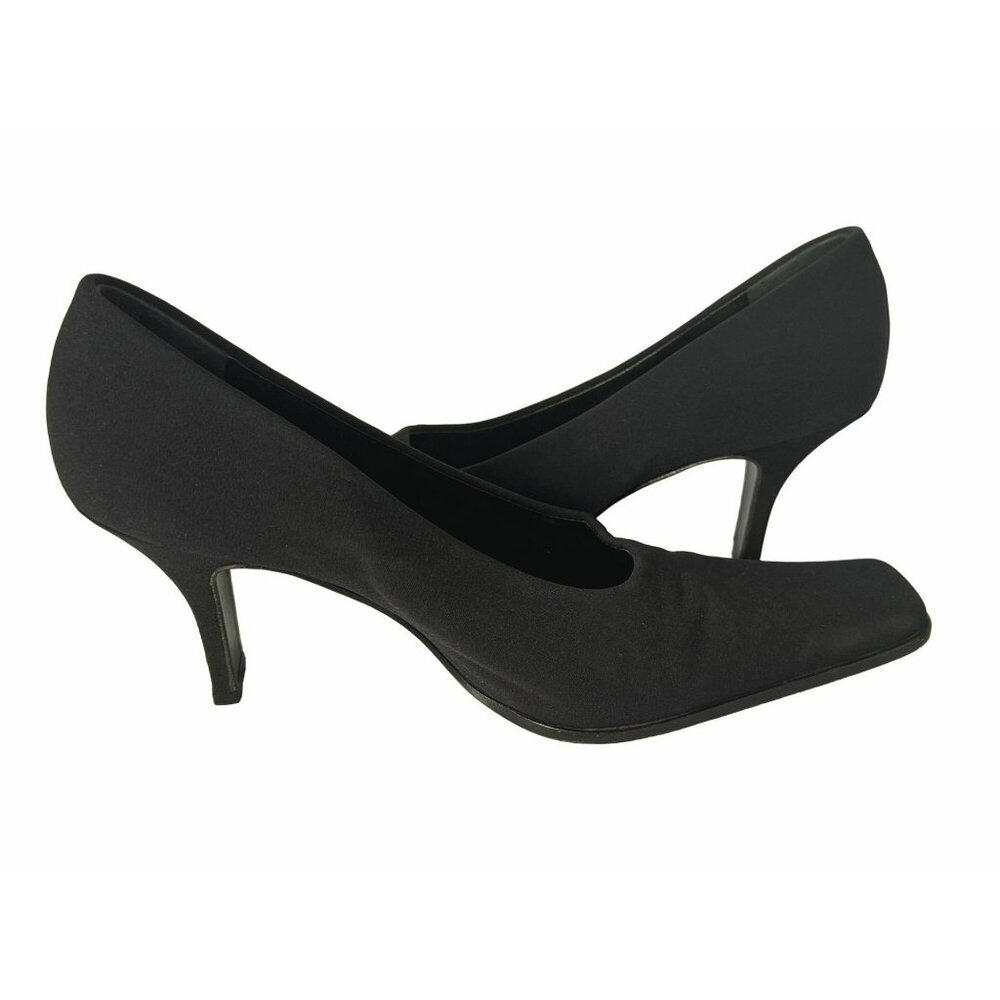 Prada Womens Vero Cucio 37.5  Black Fabric Square Toe Mid Heels Made in Italy